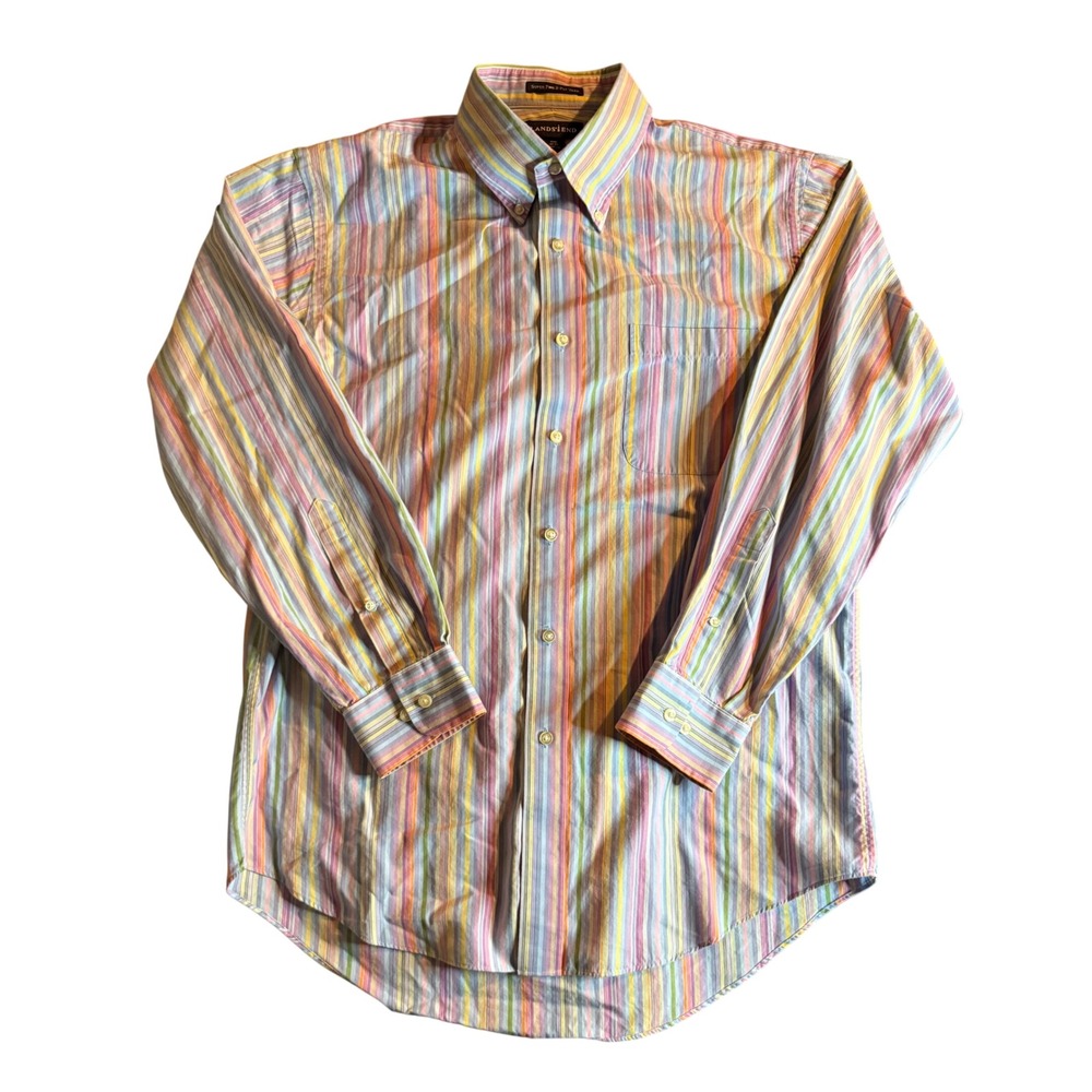 Lands' End Super Fine 2-Ply Cotton Shirt Mens 15.5 32-33 Multi Stripe Button Up